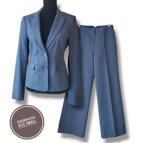 BCBGMaxAzria Y2K Pinstripe Power Business Pant Suit in Muted Navy Blue - Picture 1 of 15